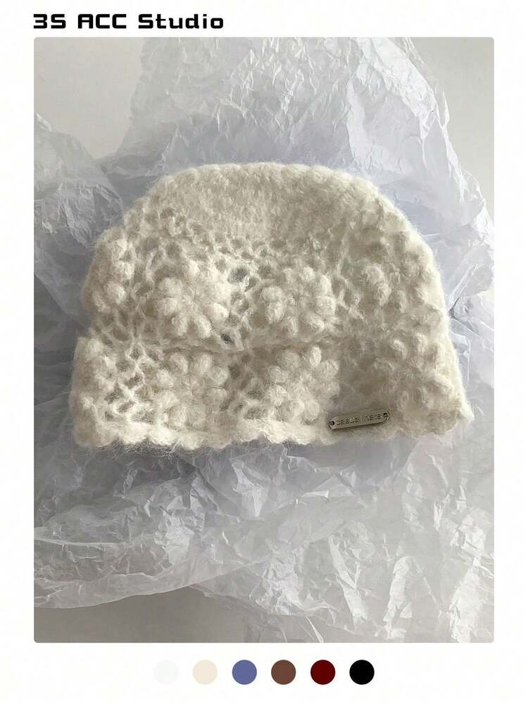 女士花卉头带帽，秋冬新款百搭修脸保暖针织帽，手工钩编花朵甜美复古舒适毛绒拉绒针织帽 - 彩色 - 查看 1