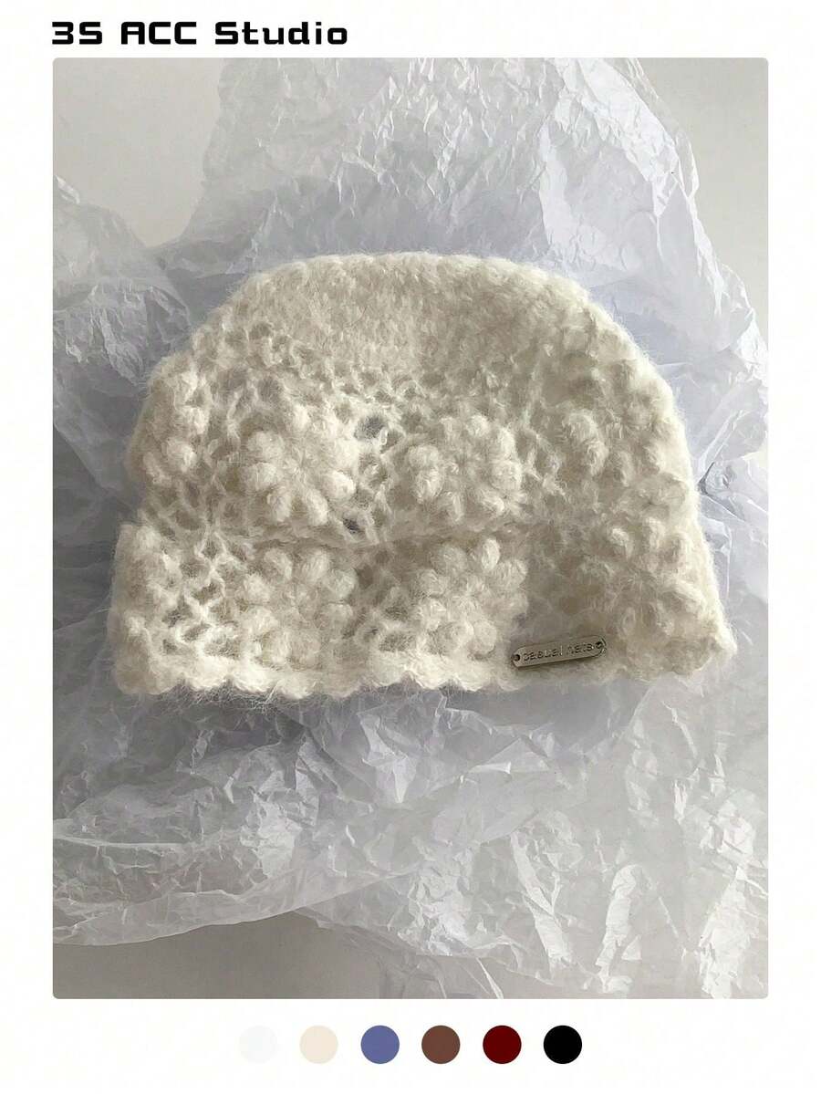 女士花卉头带帽，秋冬新款百搭修脸保暖针织帽，手工钩编花朵甜美复古舒适毛绒拉绒针织帽 - 彩色 - 查看 1