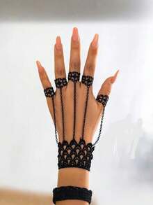 1pc Gothic Style Women's Black Sexy Hollow Lace Bracelet With Adjustable Semi-Open Ring, Tassel, Punk Butterfly Finger Ring Bracelet, Fashion Accessory - Multicolor - View 5