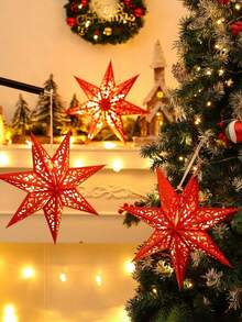 2pcs/6pcs 3D Hollow Paper Christmas Star Lanterns, Suitable For Window, Wall, Christmas Tree, Pendant Light Or Ceiling Decor, Also For Wedding Party Christmas Decoration (Bulbs Not Included), Christmas Home Decor, Christmas Gift, Christmas Ornament - Red - View 2