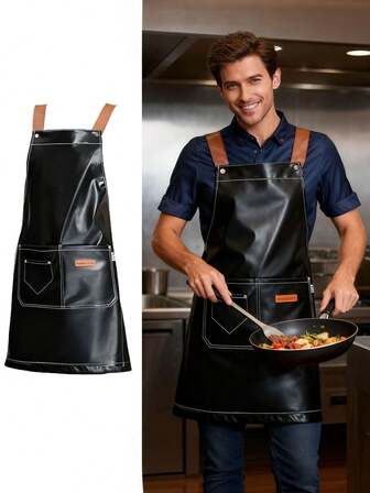 1 Adjustable PU Faux Leather Apron With Multiple Pockets, Ideal For Home Cooking And Kitchen Cleaning