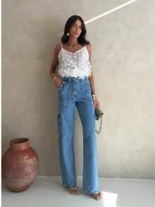 Women's Wide Leg Cargo Jeans - Rửa trung bình - Xem 1