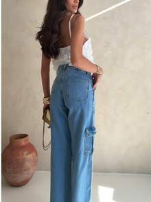 Women's Wide Leg Cargo Jeans - Rửa trung bình - Xem 4
