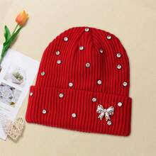Women Knitted Hat, Bow Pearls Shiny Rhinestones Soft Crochet Hat Warm Winter Cap For Indoor Outdoor - Red - View 3