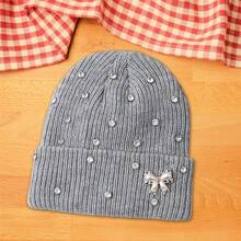 Women Knitted Hat, Bow Pearls Shiny Rhinestones Soft Crochet Hat Warm Winter Cap For Indoor Outdoor - 灰色 - 查看 6