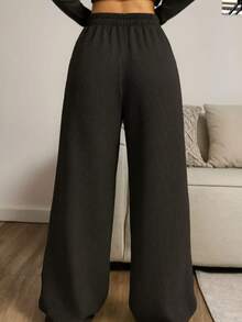 Women's Wide Leg Pants, Textured Fabric, High Waist, Simple With Pocket And Drawstring For Home And Daily Life - 黑色 - 查看 1