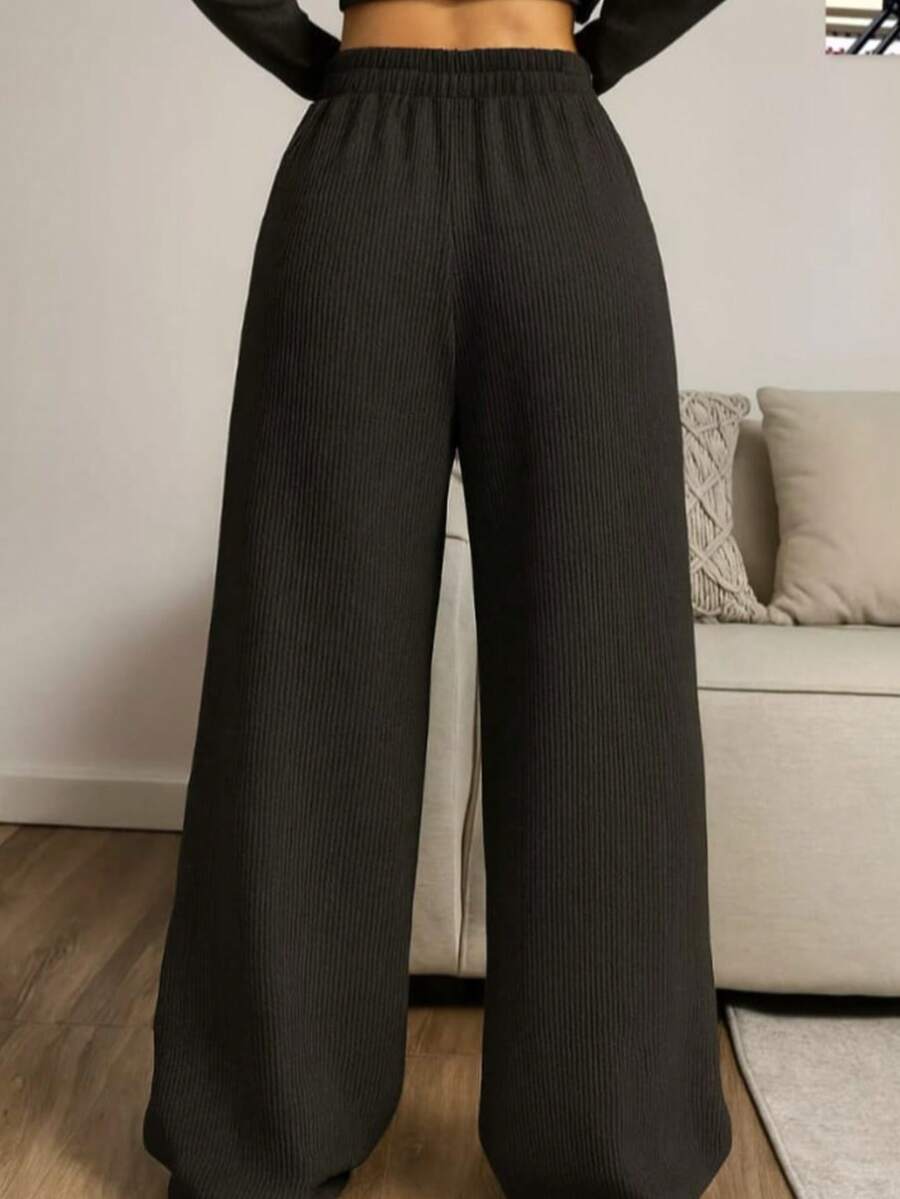 Women's Wide Leg Pants, Textured Fabric, High Waist, Simple With Pocket And Drawstring For Home And Daily Life - 黑色 - 查看 1