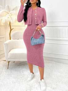 大码女式粉色罗纹针织中长连衣裙和短款开衫套装 - 玫紅色 - 查看 7
