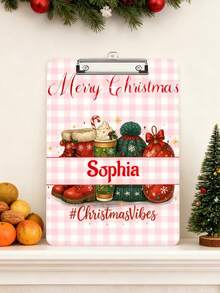 1pc Customized Personalized Christmas Clipboard, Can Customize Name, Pink Merry Christmas Clipboard With Santa Hat, Christmas Shoes And Christmas Balls, Christmas Office Supplies, Christmas Gift, Durable Clipboard, Suitable For Nurses, Schools, Offices, Personalized Gift, Customized Christmas Gift, Christmas, Personalized Decoration - Pink - View 5