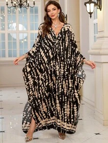 Elegant Women's Arabic Tie-Dye Print V-Neck Batwing Sleeve Long Slit Robe Vacation Spring - Multicolor - View 1