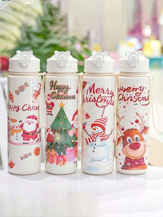 1pc700ml New Children's Christmas Water Cup, 3D Printed Pattern Christmas Water Cup, Children's Outdoor Plastic Straw Cup, Student Space Cup, School Special Water Cup