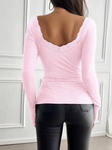 GAOVOT 女士 T 恤 Y2K 春夏性感休闲纯色蕾丝方领针织长袖上衣 - 淺粉色 - 查看 3