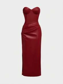 Robe longue élégante et pour jeune femme avec fermeture éclair, volants, dos nu, ceinture - Rouge - Voir 3