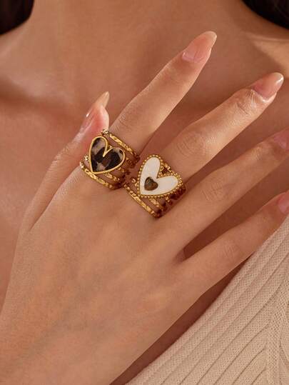 2pcs Stainless Steel Gold Heart-Shaped Open Rings With Tiger Eye Gemstone And Leopard Print Faux Fur, Suitable For Women As Accessory Or Holiday Gift