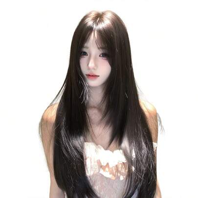 SHUDUO 1 Tóc giả thẳng chịu nhiệt tổng hợp, màu đen-nâu, phần giữa, làm bằng sợi, thích hợp sử dụng hàng ngày, tự nhiên và chân thực (Không bao gồm phụ kiện)