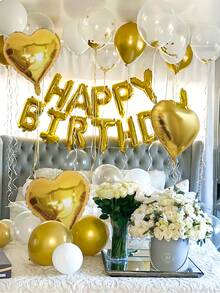 44pcs 16-Inch Gold Happy Birthday Letter Foil Balloon Set, Includes Gold & White Latex Balloons And Heart Foil Balloons, English Happy Birthday Letter Decoration, Party Scene Decor, Happy Birthday, Gold Champagne Balloons, Home Party Background Decor, New Year, Graduation, Birthday Party Decoration