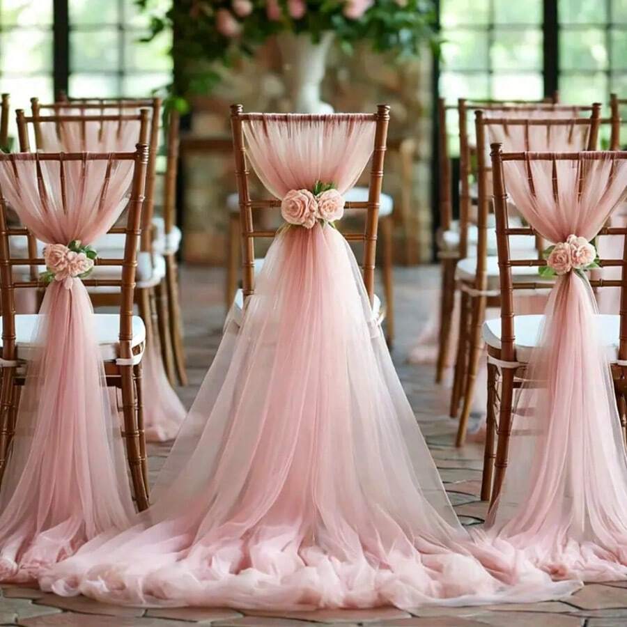 5件/2件套优雅雪花婚礼椅背装饰，半透明薄纱，花卉图案 - 适用于婚礼、派对、教堂和浪漫装饰；绝佳礼品之选 - 彩色 - 查看 1