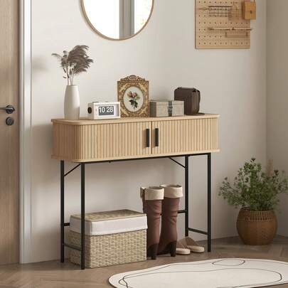 HOMCOM 39" Mid-Century Console Table, Narrow Entryway Table With Storage Compartments And Slatted Tambour Sliding Doors For Behind Couch, Living Room, Hallway, Oak And Black