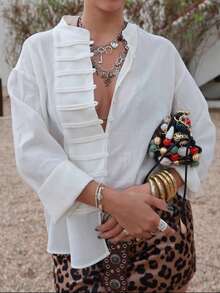 新款时尚优雅纯色前开襟休闲衬衫，适合度假、日常、旅行、节日、下午茶等场合，白色春季款 - 白色 - 查看 2