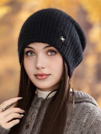 1pc Korean Style Versatile Double C Warm Rabbit Fur Beanie, Outdoor Casual Windproof Knit Hat, Suitable For Walking, Skiing, Cycling, Daily Wear In Autumn/Winter