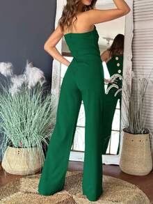 ChicMe 不对称抹胸露肩连体裤金属纽扣装饰休闲工装裤 - 墨綠色 - 查看 2