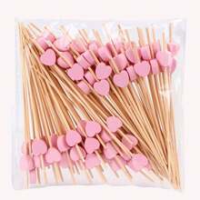 200/100/50/10pcs, 12cm Heart-Shaped Bamboo Skewers For Cupcakes, Fruit, Desserts, Salads, Cocktails, Wedding Decoration, Pink Heart-Shaped Cocktail Sticks, Sandwich & Appetizer Bamboo Toothpicks, Summer Party Supplies - Pink - View 2