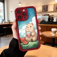 Watermelon Hamster Design Black Edge Phone Cover, Light Blue With Animal Drinking Watermelon Juice Illustration, Ideal For Daily Use In Cafes And Casual Spaces Suitable For Apple Series Phones - Burgundy - View 2