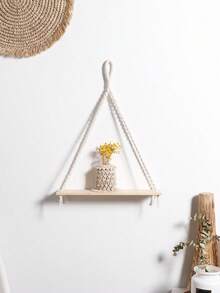 1pc/2pcs Handmade Woven Wall Hanging Rack, Triangular Wooden Floating Shelf, Boho Style Wall Mount Storage Rack With Macrame Tassel, Minimalist Home Decor, Natural Beige, Suitable For Living Room, Bedroom, Office And Entryway - Beige - View 10