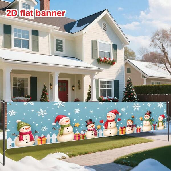 1 pièce, 45x200cm, Bannière de Noël et d'hiver en polyester, bonhomme de neige mignon, château de bonbons, manoir de ferme, décoration de cour, drapeau à suspendre au garage, sans alimentation électrique - idéal pour la décoration de fête de Noël à la maison et en extérieur