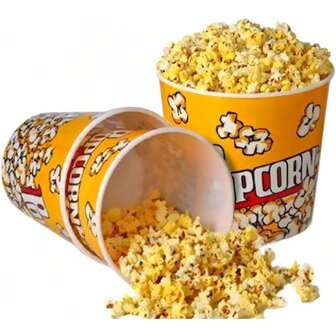 Novelty Place Retro Style Plastic Popcorn Containers For Movie Night 7.1" Tall X 7.1" Top Diameter 3 Pack