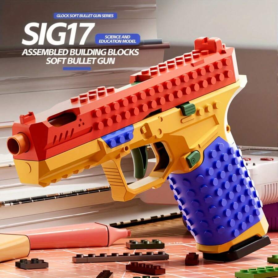 Toy building block gun Juego de construcción de bloque de lanzamiento automático - Incluye cartuchos, juguete educativo STEM, equipado con lanzador de balas realista, hecho de bloques MechaniSafe, adecuado para adolescentes y adultos, kit de montaje para padres e hijos, regalo de Navidad/cumpleaños 2025 para niños y niñas (color aleatorio) - Multicolor - Ver 1