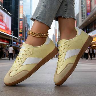 女士舒适耐穿休闲运动鞋，适合日常穿着，四季皆宜，平底轻便，撞色学院风