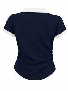 Playera camiseta blusa tipo polo dama mujer manga corta cuello contraste puños casual moderna juvenil cómoda fresca ligera gráfico pecho diario colegio día estampado caballo jinete - Azul Marino - Ver 2