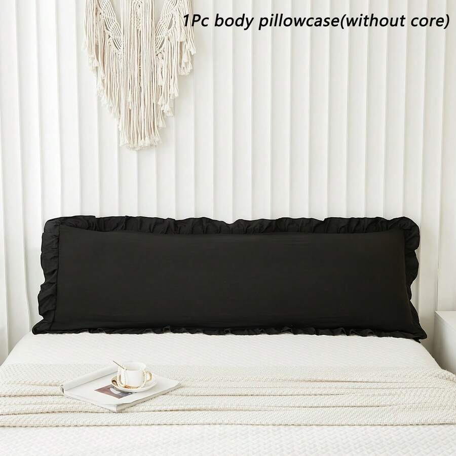 1pc Solid Color Ruffle Edge Body Pillow Cover (Pillow Insert Not Included), 20in*54in Headboard Pillow Protector Sleeve, Skin-Friendly Warm Breathable Pocket Pillow Case, Suitable For All Seasons, Machine Washable, Home/Bedroom Use - Black - View 1
