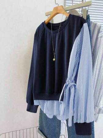 Women's Round Neck Striped Patchwork Long Sleeve Side Tie Casual Loose Sweatshirt