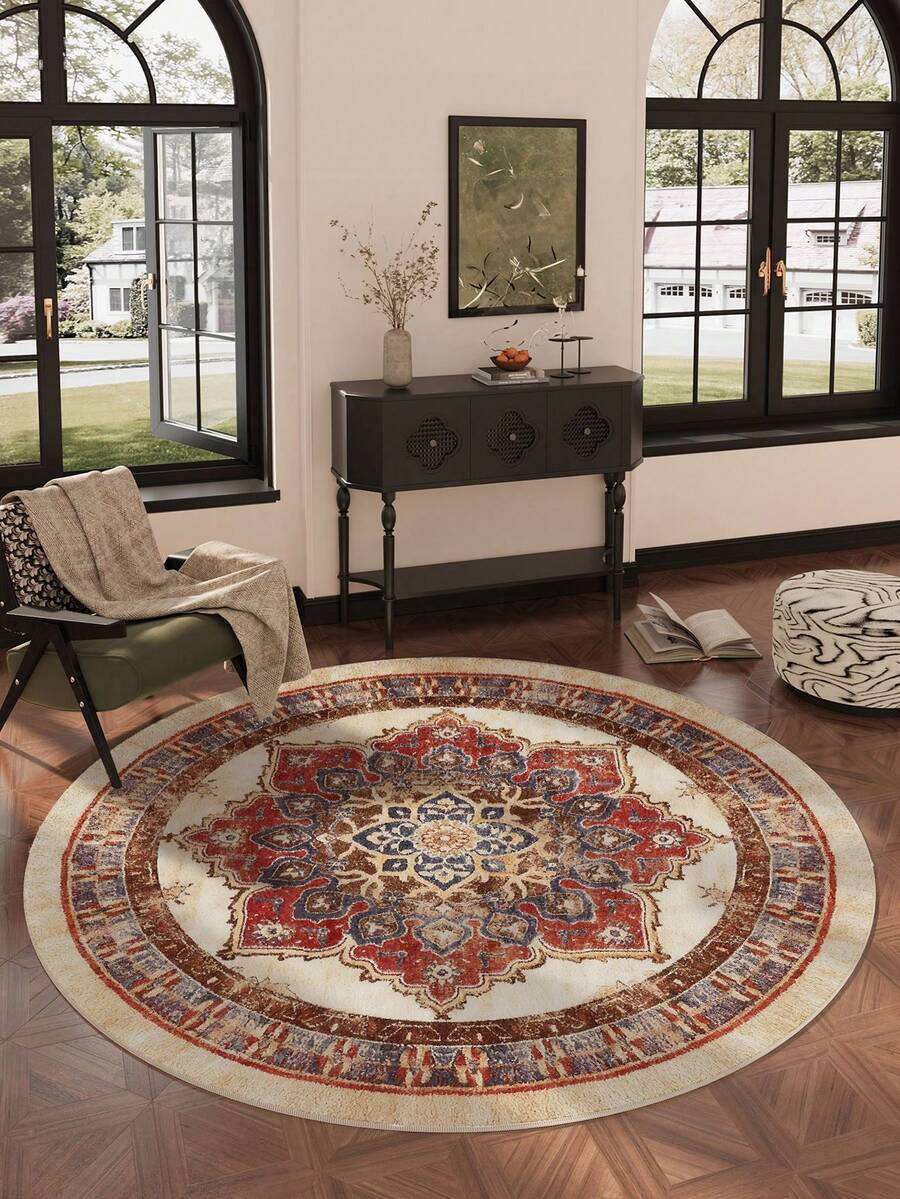 1pc Red Vintage Round Living Room Rug, Suitable For Kitchen, Dining Room, Bedroom, Room Holiday Decor, Indoor/Outdoor, Office, Lobby, Anti-Slip Doormat, Bathroom Rug, Hallway, Study Gaming Area Rug - Multicolor - View 1