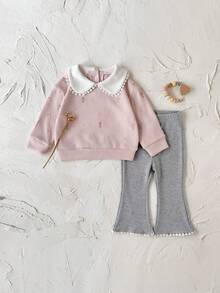 2pcs/Set Baby Girl Floral Embroidery Peter Pan Collar Long Sleeve Sweatshirt And Ruffle Hem Pants Set, Spring/Autumn - Pink - View 7