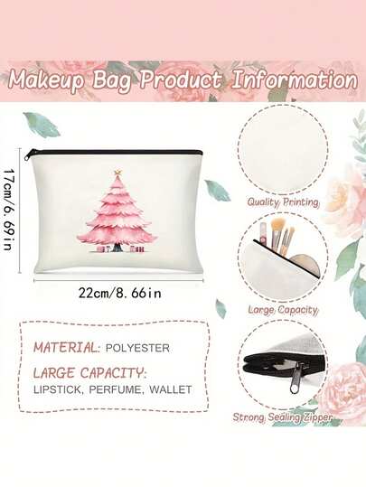 1 Túi đựng đồ trang điểm hình cây thông Noel màu hồng cá nhân hóa một mặt - Túi đựng mỹ phẩm có khóa kéo màu trắng, khắc tên tùy chỉnh, trang trí họa tiết bông tuyết và cây thông Noel. Được làm từ polyester bền chắc, túi đựng đồ vệ sinh cá nhân dung tích lớn này phù hợp với cả nam và nữ, thích hợp làm quà tặng ngày lễ (sinh nhật/Giáng sinh) và thực sự là lựa chọn tốt nhất cho mùa Giáng sinh.