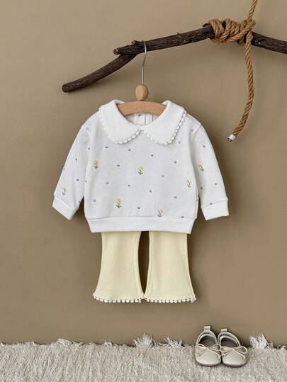 2pcs/Set Baby Girl Floral Embroidery Peter Pan Collar Long Sleeve Sweatshirt And Ruffle Hem Pants Set, Spring/Autumn