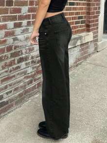 NVFelix 女士宽松直筒牛仔裤，做旧设计，复古优雅休闲日常穿搭，Y2K街头风，适合春夏穿着，黑色 - 黑色 - 查看 6