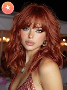 Stylish 16-Inch Red Mid-Long Curly Hair Synthetic Heat-Resistant Fiber Wig With Bangs Ladies Wig Is Perfect For Holiday Party Everyday Wear - Red - View 2