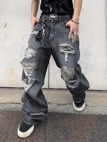 1 件男士破洞阔腿牛仔裤，复古美式风格破洞高街休闲宽松长裤（不含腰带和配饰）