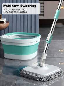 Flat Floor Mop And Bucket Set, Foldable Spin Mop For Floor Cleaning & Square-Head Collapsible Bucket, Bathroom Cleaning Mop, Spin Mop With Adjustable Handle - Wet And Dry Use, Ideal For Hardwood, Tile, And Marble Floors, Household Essentials, Blue, Green - 綠色 - 查看 6