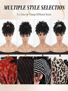 Curly Wigs For Women, Headband Wigs With Bangs, Synthetic Short Afro Kinky Curly Wig With Headband Attached, Drawstring High Afro Puff Brown Curly Wig Turban - 黑色 - 查看 7