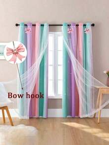 1/2/3/7pcs Children's Room Curtains, Gradient Rainbow Tulle Red Double-Layer Skull Star Pattern Curtains, Girls Bedroom Decor Curtains, Children's Room Rainbow Blackout Curtains, Purple, Suitable For Little Girls Room, Pink Unicorn Wall Sticker Curtains, Green, 52 Inches Long, 63 Inches High, Single Panel, Suitable For Girls Room Decor, Nursery Decor, Bedroom Decor, Room Decor - Green Purple Powder - View 15