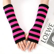 Long Color-Block Striped Wool Gloves Autumn And Winter New Mid-Length Fingerless Women's Warm And Fashionable Knitted Arm Sleeves In Various Colors - 紫色 - 查看 4