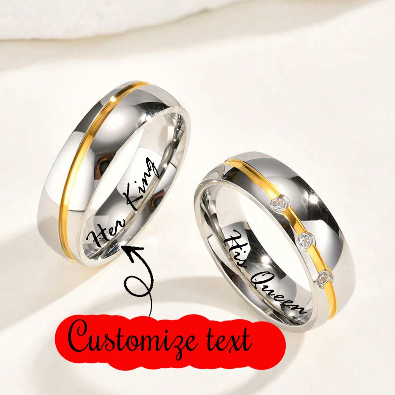Piezas de anillos de pareja de acero inoxidable con circonita cúbica personalizados, regalo de boda para novio y novia, grabado láser para aniversar