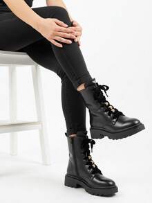 Casual Solid Color Lace-Up Side Zipper Ankle Boots, 2 Replaceable Shoelaces, Autumn - Black - View 3