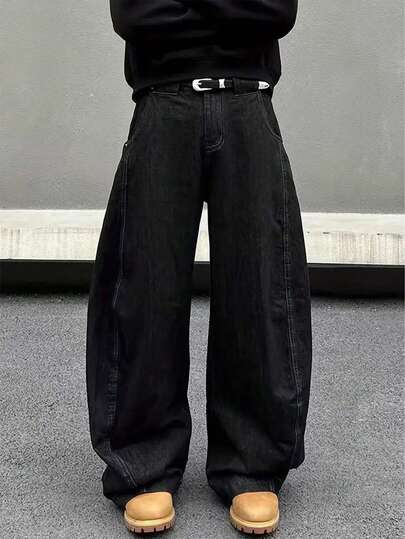 Celana Jeans Pria Model Longgar Berpotongan Lebar Gaya Vintage, Tren Streetwear Kasual - Overall Longgar yang Modis