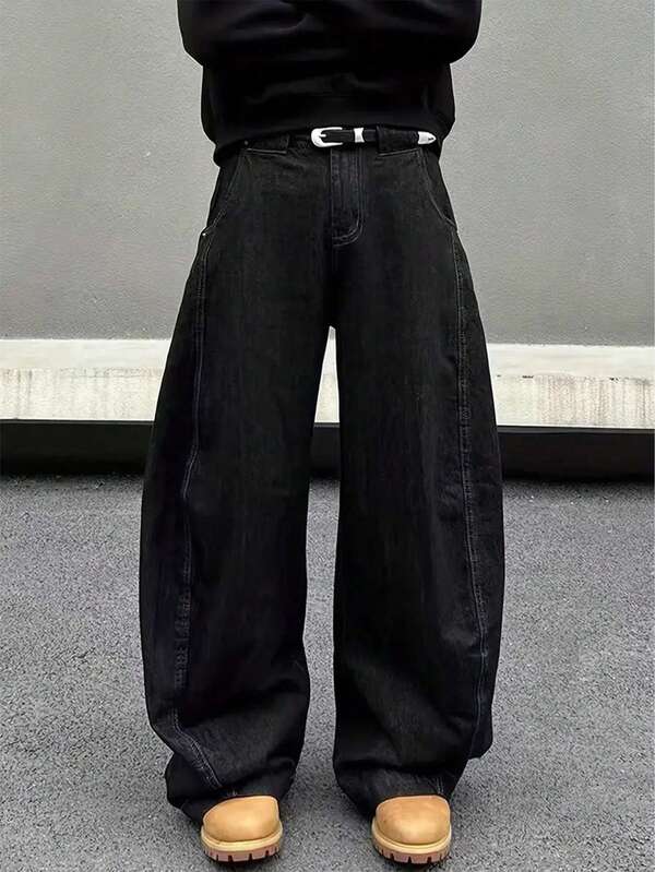 Calça jeans masculina vintage, solta e de perna larga, pioneira no streetwear casual - macacão folgado e moderno